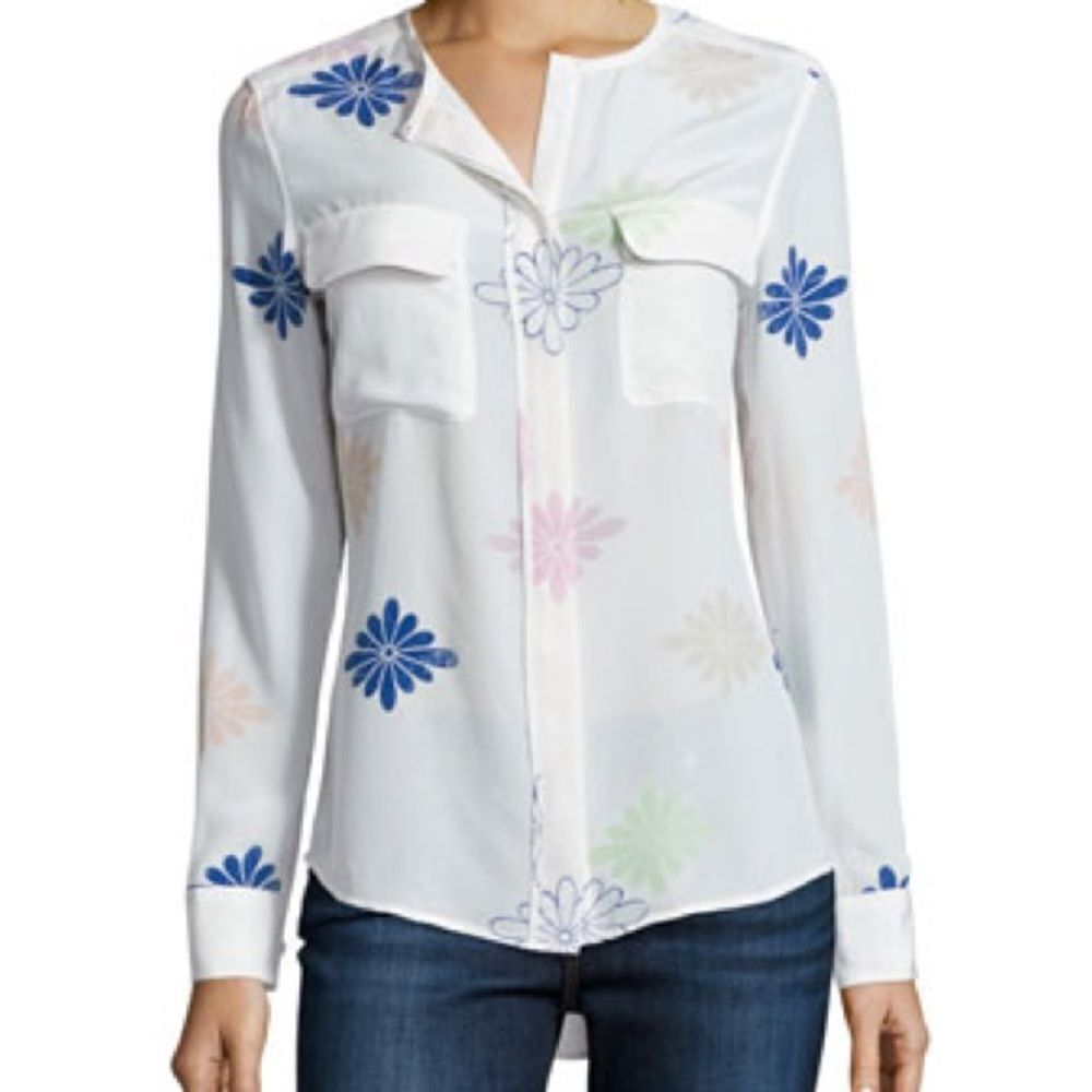 EQUIPMENT FEMME Silk Crew Neck Long Sleeve Silk Blouse With Floral Print XS